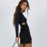 Renata Hollow Out Black Mini Dress-Dressereal-black,long-sleeved,mini,party