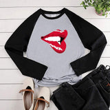 Red Lips Long-Sleeved Tee-TT Women-black,casual,long-sleeved,red,tee