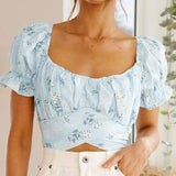 Freya Blue Blouse-Dressereal-blue,cropped,floral,off-shoulder,party,print,ruched,ruffles,summer