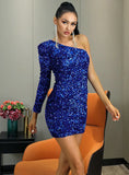 Nymphette Blue One-Shoulder Sequin Mini Dress