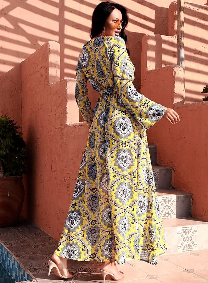 Noni Yellow Print Long-Sleeve Resort Summer Maxi Dress Dressereal Noni Yellow Print Long-Sleeve Resort Summer Maxi Dress Dressereal