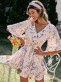 Fiora Pink Floral Summer Dress, v-neck, ruffles, flared sleeve