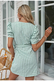 Reese Green Gingham Dress-Dressereal-gingham,green,puff sleeves,short,summer,tie-waist