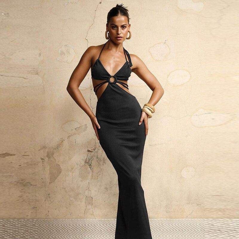 cutaway halter dress Charmeuse Satin Cutaway Halter Column Dress with Back Ruching missy / 14 / Black