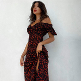 Carmina Party Dress-Dressereal-black,evening,floral,off-shoulder,party,print,split