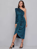 Una One-Shoulder Blue Midi Cocktail Dress