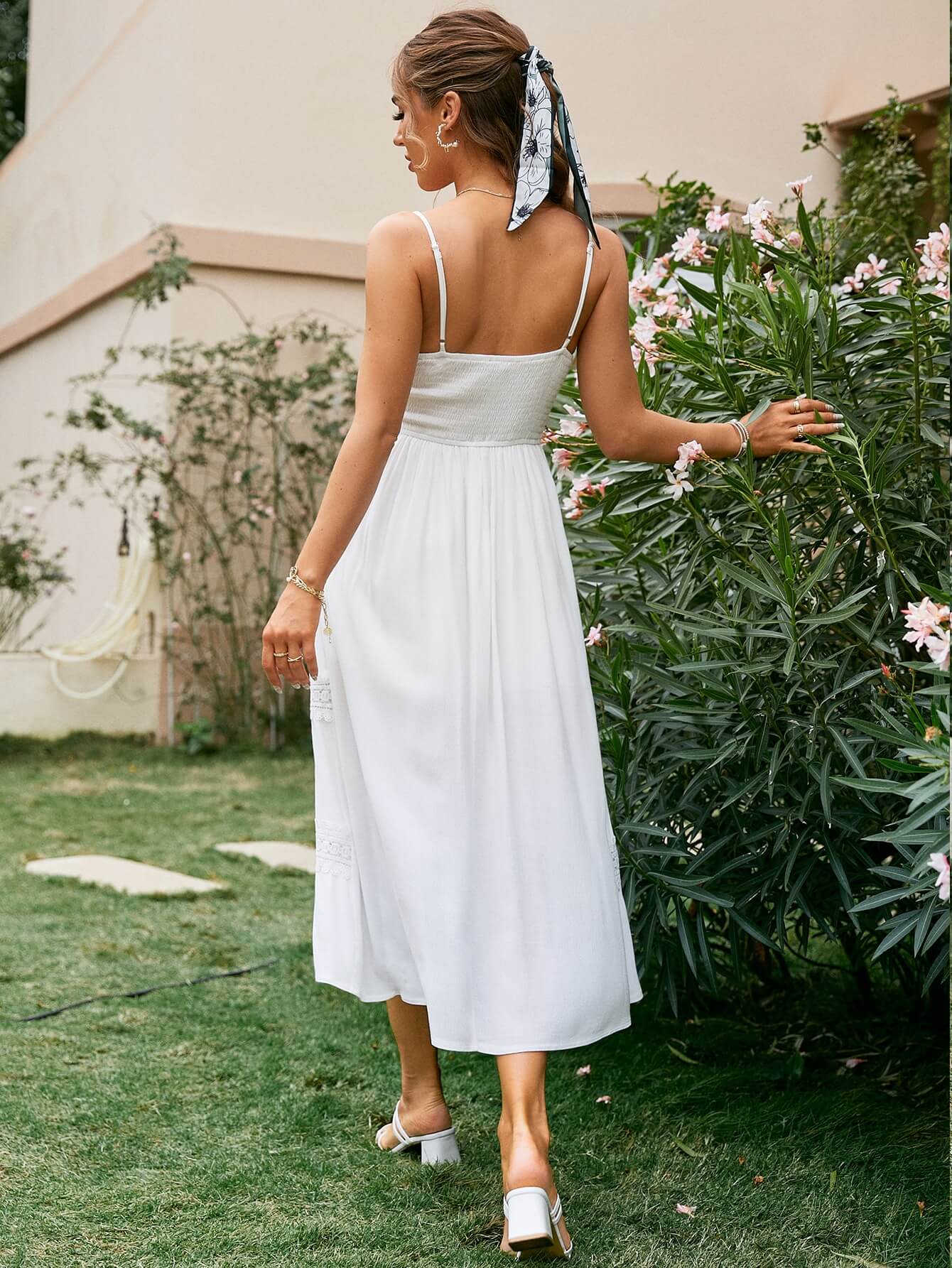 Lace Detail Smocked Midi Cami Dress White / M Lace Detail Smocked Midi Cami Dress White / M