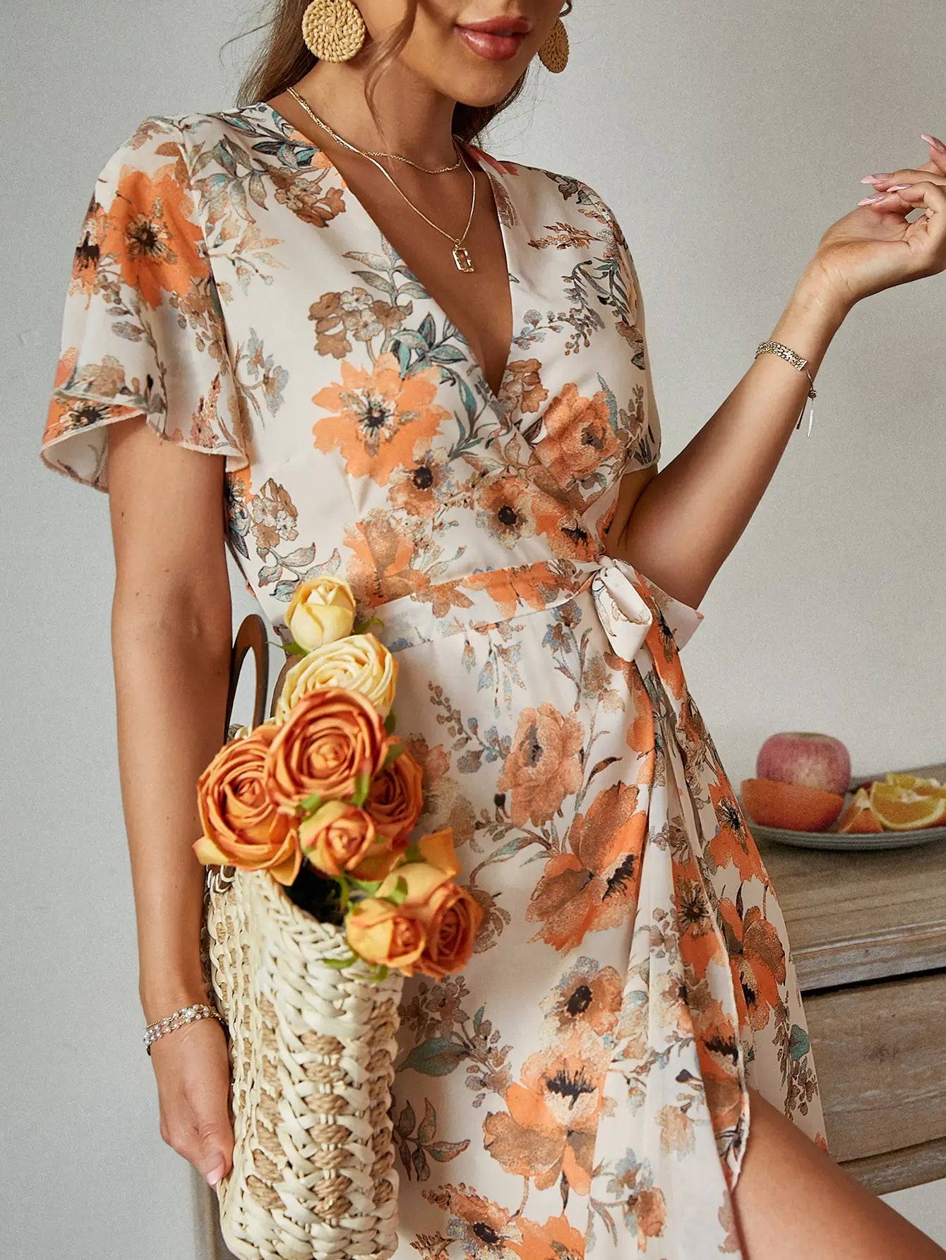 orange wrap dress midi Drew Puff Sleeve Wrap Front Midi Dress Orange Girl In Mind