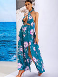 Tahlia Floral Blue-Print Halter Summer Resort Maxi Dress