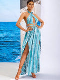 Zakynthos Blue Print Halter Summer Maxi Dress