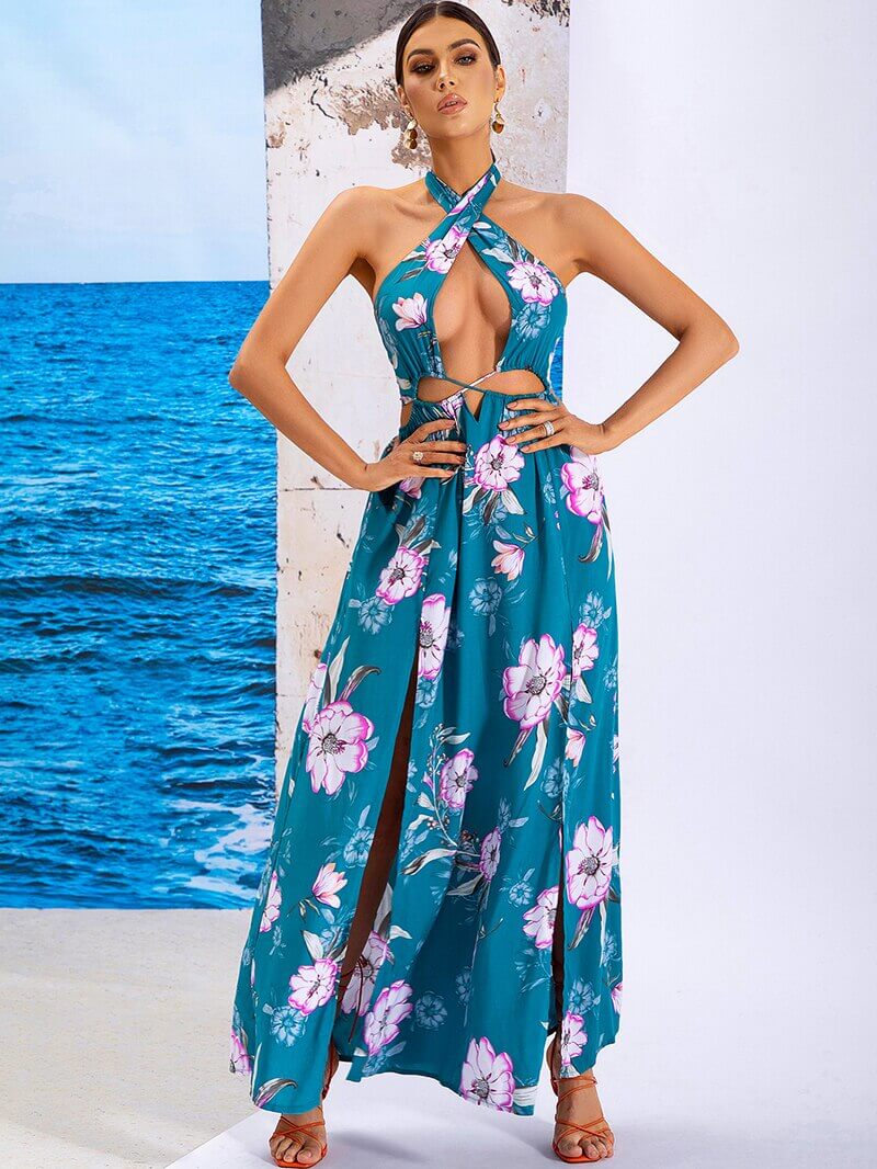 Tahlia Floral Blue-Print Halter Summer Resort Maxi Dress Blue / M Tahlia Floral Blue-Print Halter Summer Resort Maxi Dress Blue / M