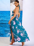 Tahlia Floral Blue-Print Halter Summer Resort Maxi Dress