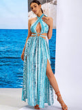 Zakynthos Blue Print Halter Summer Maxi Dress