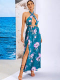 Tahlia Floral Blue-Print Halter Summer Resort Maxi Dress