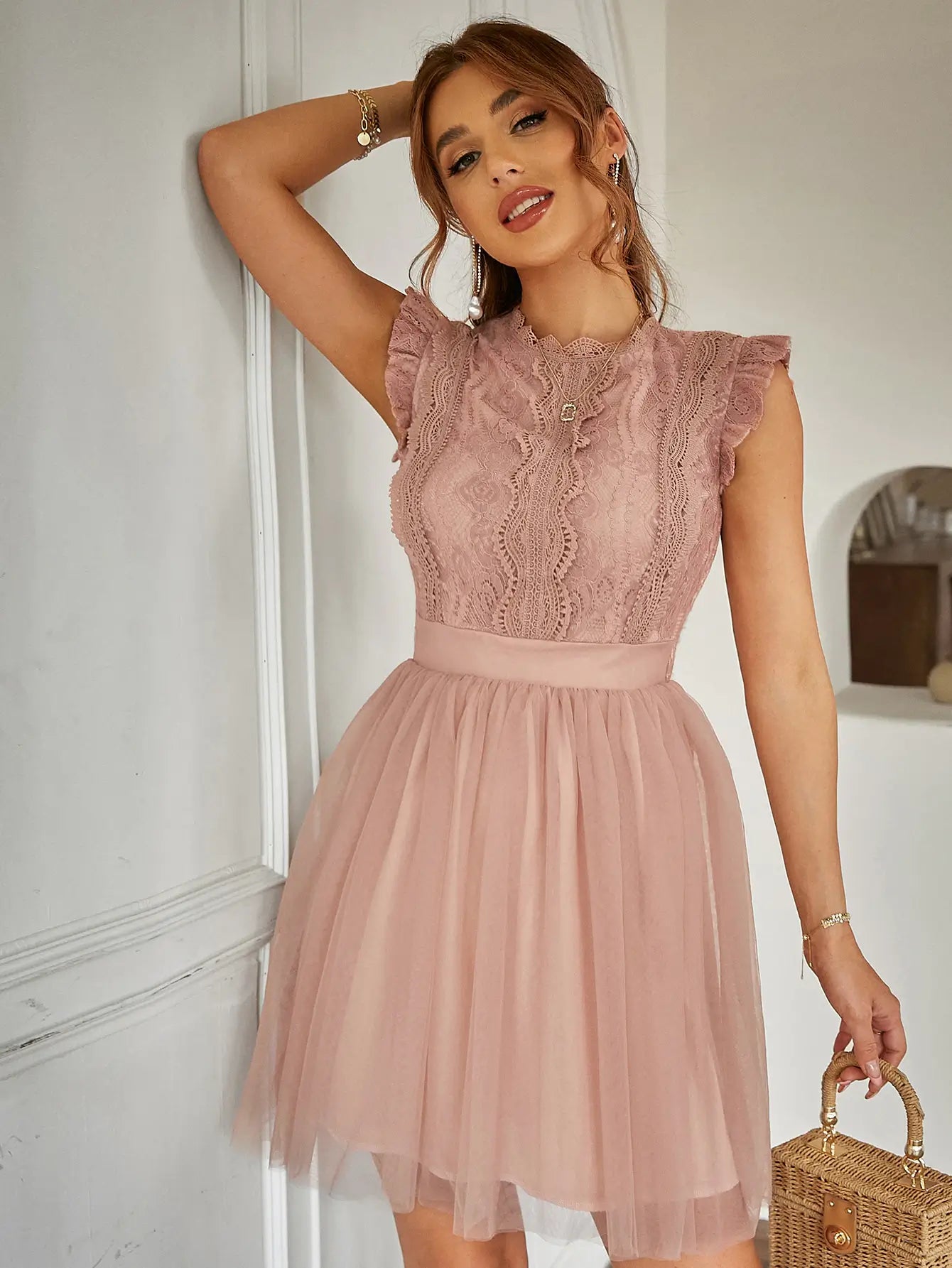 Romantic Sheer Floral Lace A-line Sleeveless Mini Dresses, Dusty Pink / M Romantic Sheer Floral Lace A-line Sleeveless Mini Dresses, Dusty Pink / M