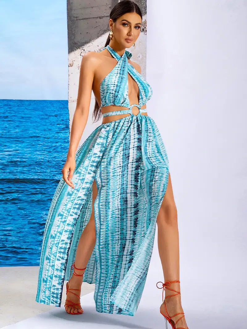 Zakynthos Blue Print Halter Summer Maxi Dress Dressereal Zakynthos Blue Print Halter Summer Maxi Dress Dressereal
