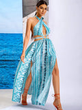 Zakynthos Blue Print Halter Summer Maxi Dress