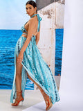 Zakynthos Blue Print Halter Summer Maxi Dress