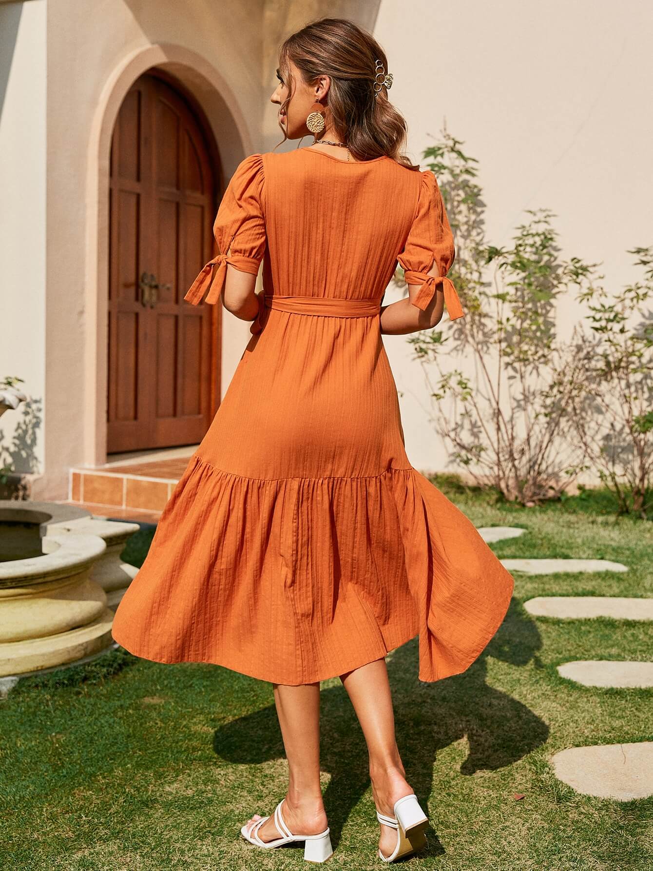 Sorrento Orange Ruffle Summer Midi Dress Orange / M Sorrento Orange Ruffle Summer Midi Dress Orange / M