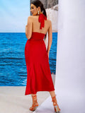 Bettina Red Satin Halter Cocktail Midi Dress