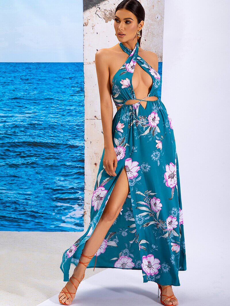 Tahlia Floral Blue-Print Halter Summer Resort Maxi Dress Blue / M Tahlia Floral Blue-Print Halter Summer Resort Maxi Dress Blue / M