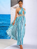 Zakynthos Blue Print Halter Summer Maxi Dress