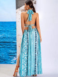 Zakynthos Blue Print Halter Summer Maxi Dress