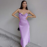 Veronique Lilac Party Dress-Dressereal-cocktail,evening,lilac,midi,party,satin,spaghetti-straps