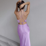 Veronique Lilac Party Dress-Dressereal-cocktail,evening,lilac,midi,party,satin,spaghetti-straps