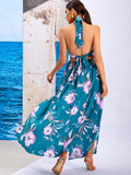 Tahlia Floral Blue-Print Halter Summer Resort Maxi Dress