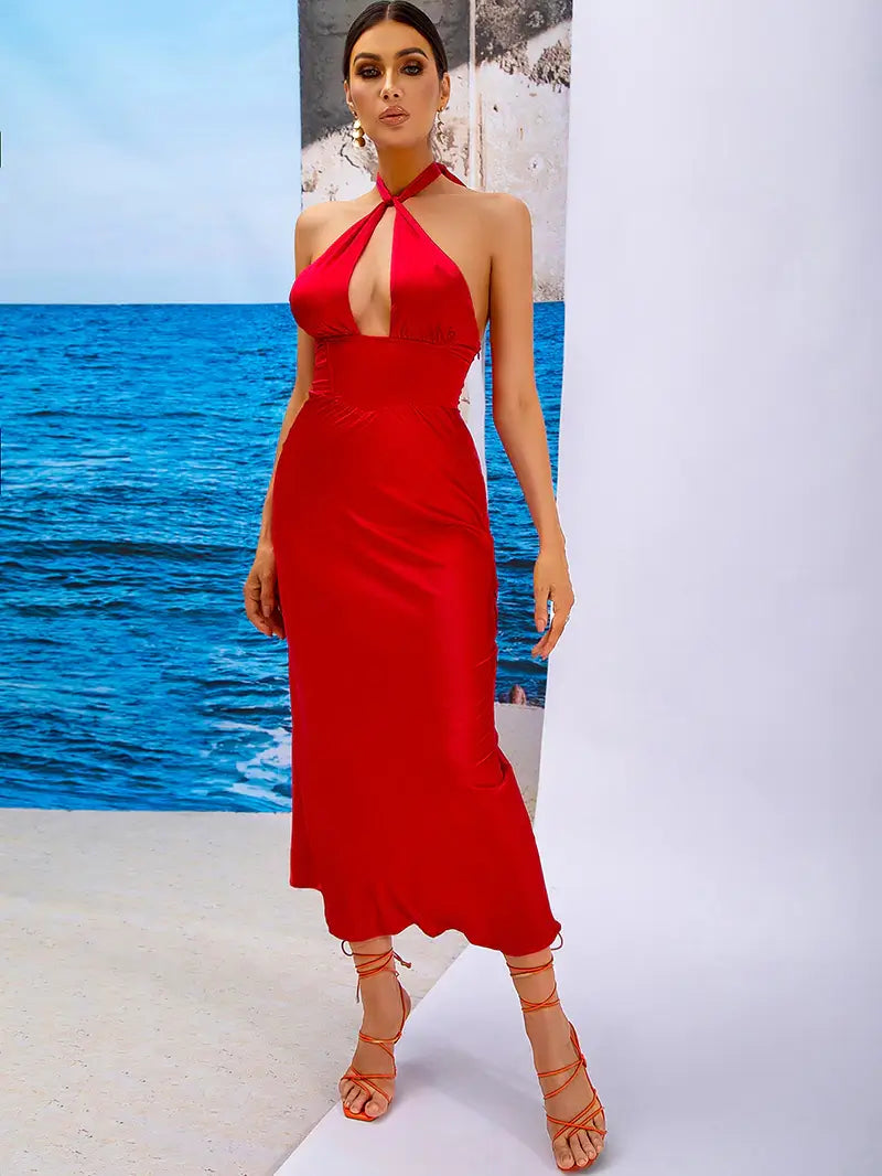 Bettina Red Satin Halter Cocktail Midi Dress Dressereal Bettina Red Satin Halter Cocktail Midi Dress Dressereal