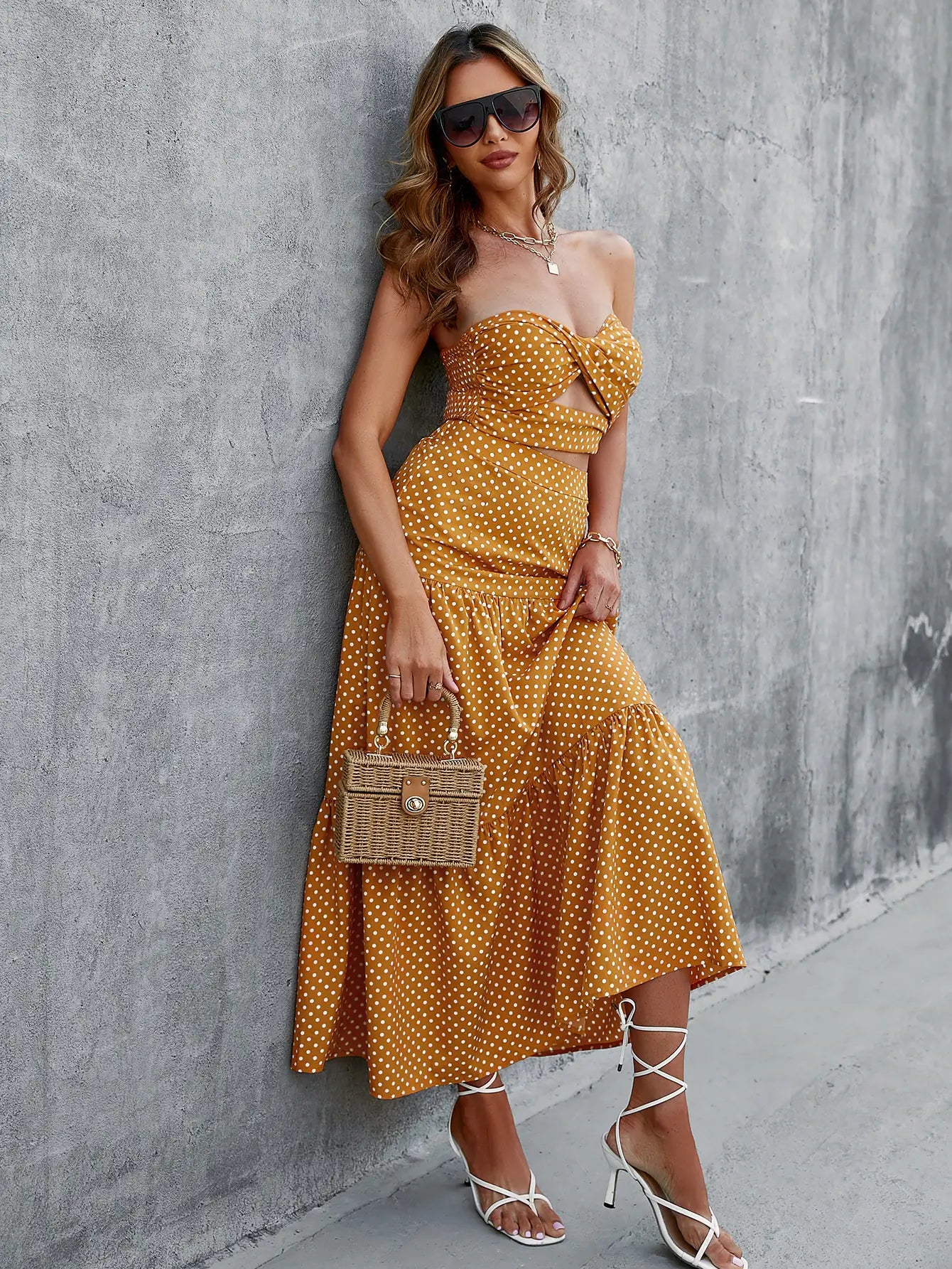 Jonie Strapless Yellow Polka Dot Two-Piece Maxi Dress Dressereal Jonie Strapless Yellow Polka Dot Two-Piece Maxi Dress Dressereal