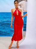 Bettina Red Satin Halter Cocktail Midi Dress