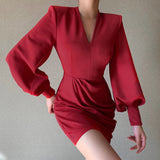 Terra Red Long-Sleeved Mini Dress, ruched, long-sleeved, v-neckline, mini, party.