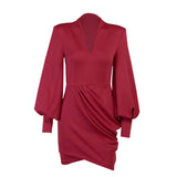 Terra Red Long-Sleeved Mini Dress, ruched, long-sleeved, v-neckline, mini, party.