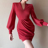 Terra Red Long-Sleeved Mini Dress, ruched, long-sleeved, v-neckline, mini, party.