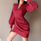 Terra Red Long-Sleeved Mini Dress, ruched, long-sleeved, v-neckline, mini, party.