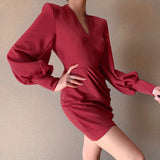 Terra Red Long-Sleeved Mini Dress, ruched, long-sleeved, v-neckline, mini, party.