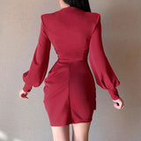 Terra Red Long-Sleeved Mini Dress, ruched, long-sleeved, v-neckline, mini, party.